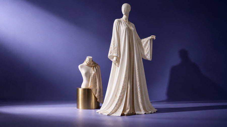 Ivory mannequin displaying a flowing embroidered abaya beside a scarf-styled torso form.