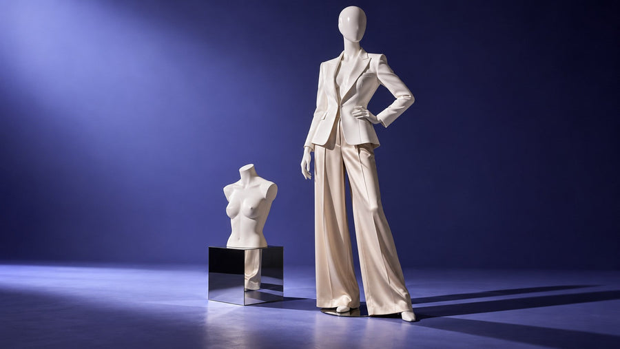 Abstract female mannequin in tailored clothing beside a headless torso on a mirrored display cube.