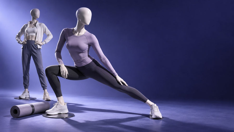 Two athletic mannequins in performance clothing staged as a training scene against a violet studio background.