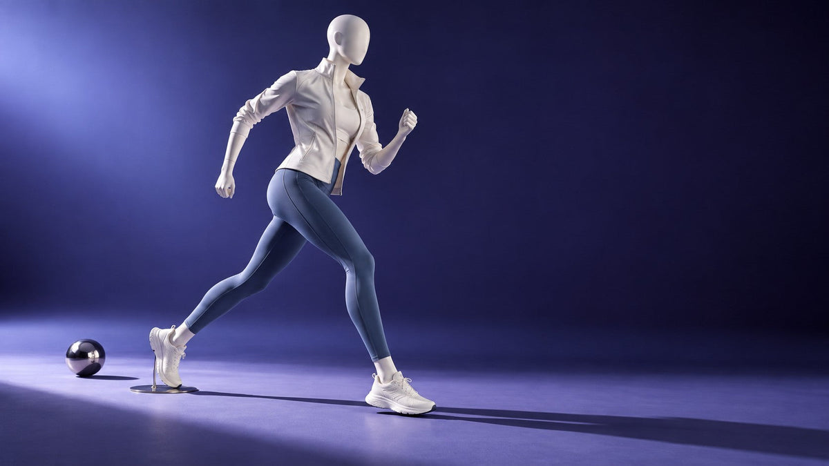 Ivory athletic mannequin in running pose wearing performance clothing against a violet studio background.