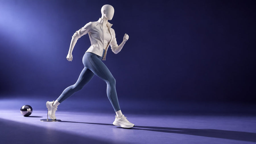 Ivory athletic mannequin in running pose wearing performance clothing against a violet studio background.