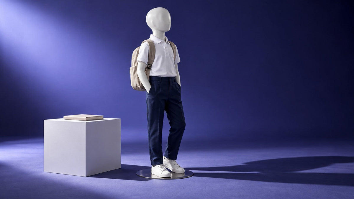 Child-sized mannequin dressed in a school outfit with a backpack beside a blank book.