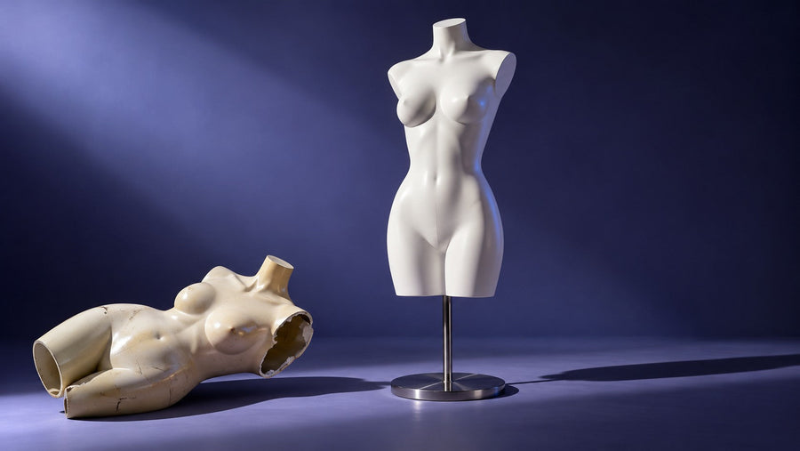 Pristine ivory mannequin torso beside a worn, damaged plastic form illustrating long-term display costs.