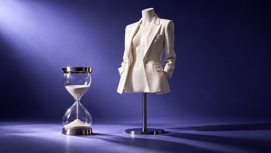 Premium fiberglass torso in a linen blazer beside an hourglass representing lasting retail value.