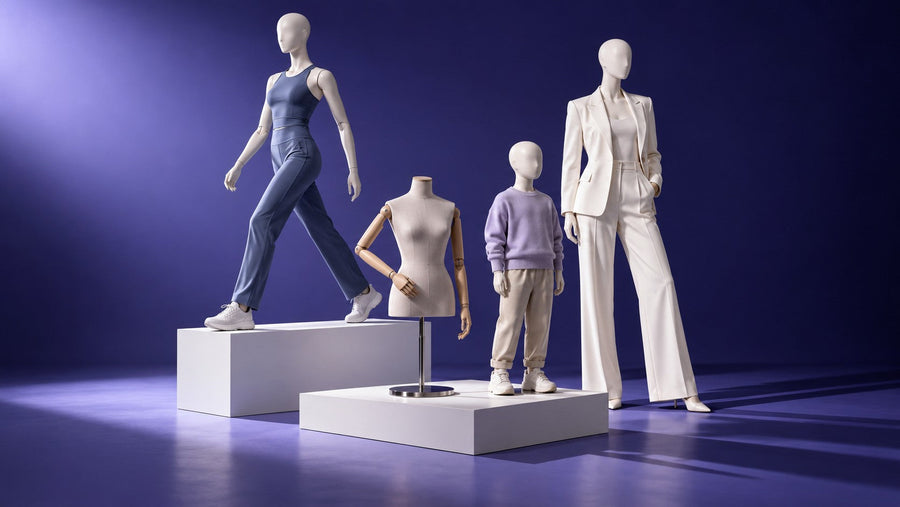 Four mannequin forms representing abstract fashion, athletic movement, modular fixtures and children's wear.