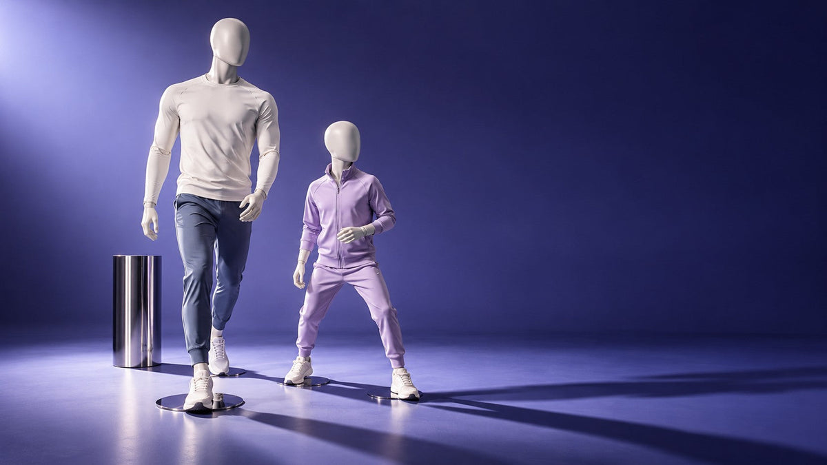 Adult and child athletic mannequins displaying coordinated activewear in a violet studio.