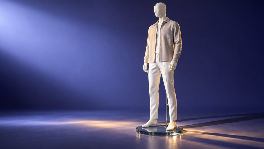 Ivory male mannequin on a stable glass base illustrating durable shop-floor construction.