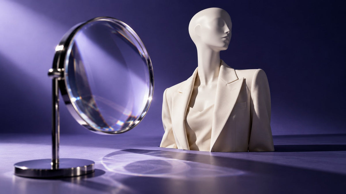 Dressed mannequin bust beside a glass optical lens representing shopper gaze and attention.