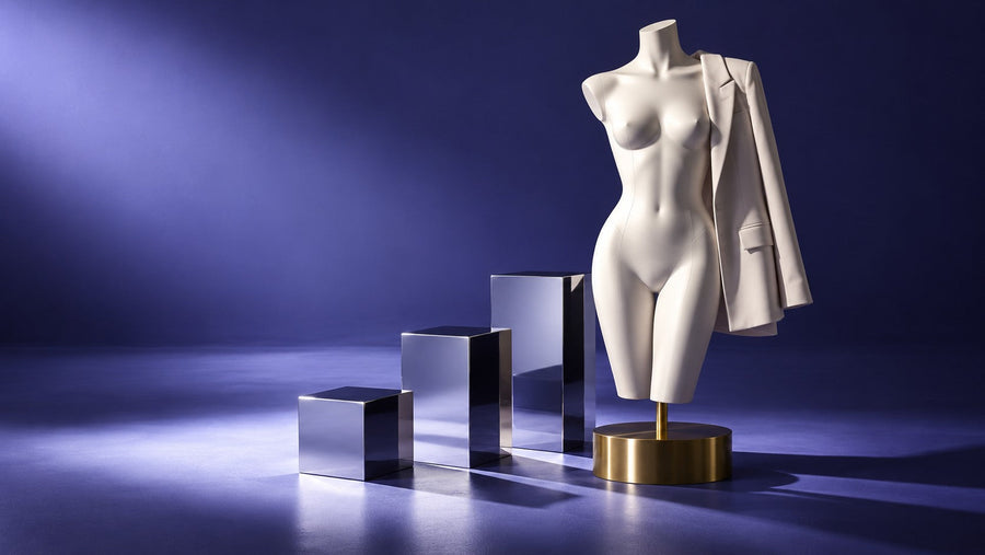 Premium fiberglass fashion torso with ascending chrome display blocks symbolizing long-term retail value.