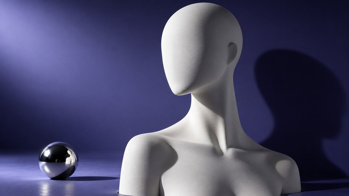 Close-up of a matte ivory abstract mannequin bust with dramatic side lighting and a chrome sphere.