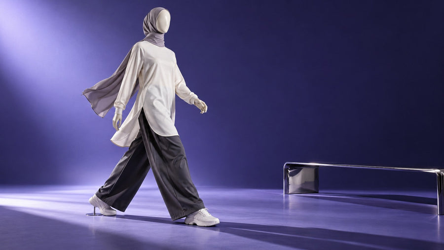 Female mannequin in layered modest activewear and a sports hijab posed in motion.