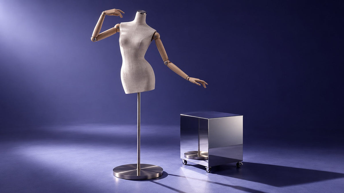 Linen-covered mannequin torso with articulated wooden arms beside a movable mirrored display cube.