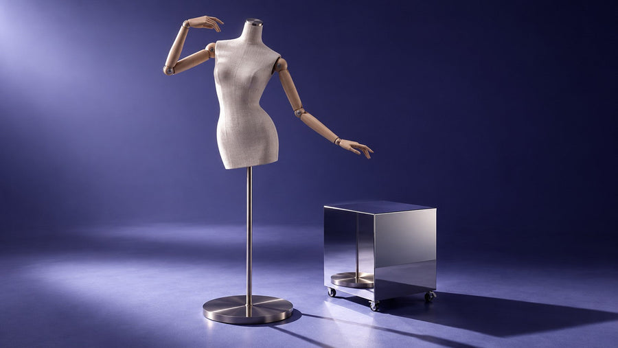 Linen-covered mannequin torso with articulated wooden arms beside a movable mirrored display cube.