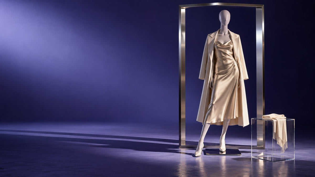 Elegant mannequin in champagne and ivory clothing staged within a minimalist storefront frame.