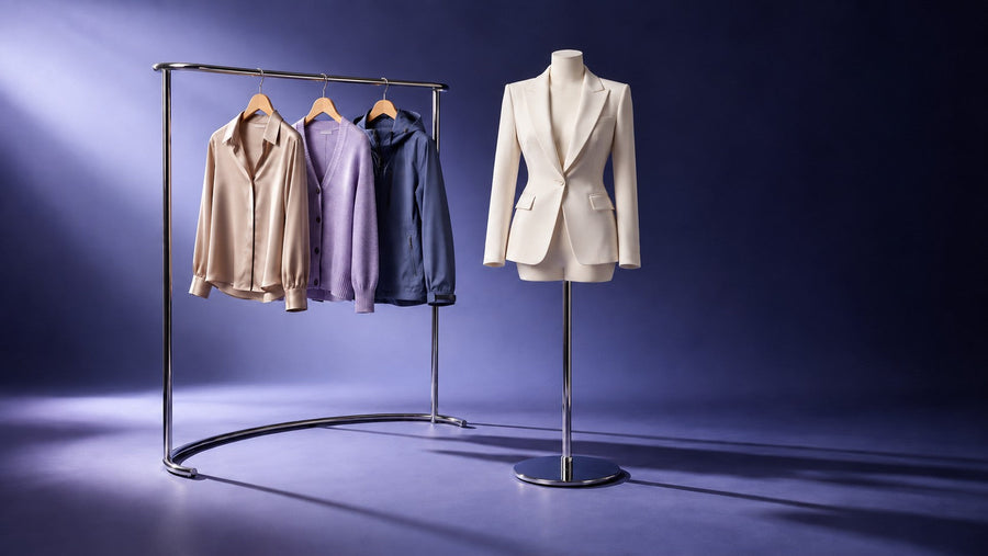 Premium mannequin styled in a tailored jacket beside a clothing rail illustrating reuse across collections.