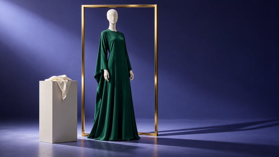 Ivory mannequin in an emerald abaya framed by gold window display architecture.