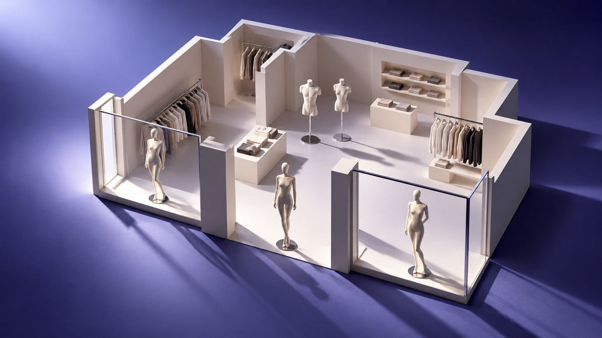 Miniature clothing-store layout with ivory full-body mannequins in display windows and torso forms inside, photographed against a violet-blue studio background.