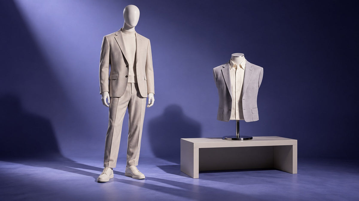 Full-body male mannequin in a pale suit beside a tabletop torso displaying a shirt and blazer against a violet-blue studio background.