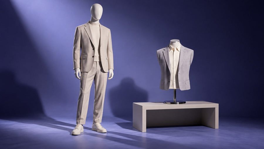 Full-body male mannequin in a pale suit beside a tabletop torso displaying a shirt and blazer against a violet-blue studio background.