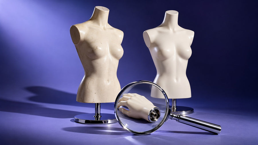 Two ivory mannequin torsos with worn and pristine finishes, beside a magnifying glass inspecting a detachable hand and wrist fitting on a violet-blue backdrop.