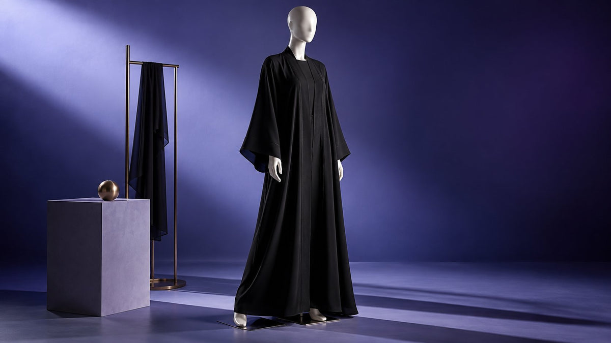 Ivory female mannequin wearing a black abaya in a violet studio with a garment stand and plinth.