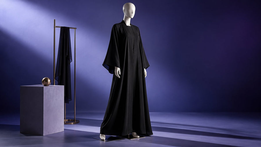 Ivory female mannequin wearing a black abaya in a violet studio with a garment stand and plinth.