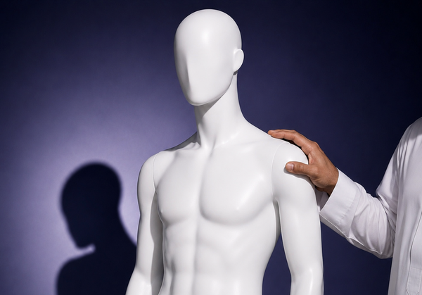 White mannequin being adjusted by a person against a dark background