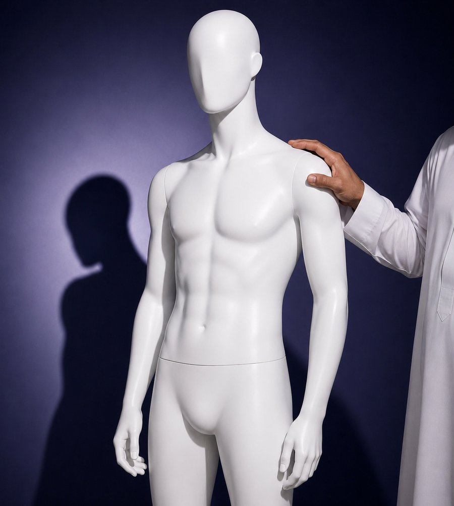 White mannequin being adjusted by a person against a dark background