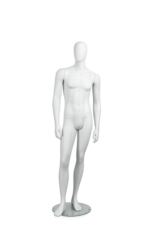 AMOY male full-body mannequin, abstract face, standing pose (MA-01) | مانيكان رجالي كامل الجسم بوجه مجرد ووضعية وقوف من آموي